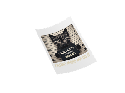 Bad Kitty Mugshot Iron-on Transfer fun cat-themed wall decor iron-on sticker, black and gray color.