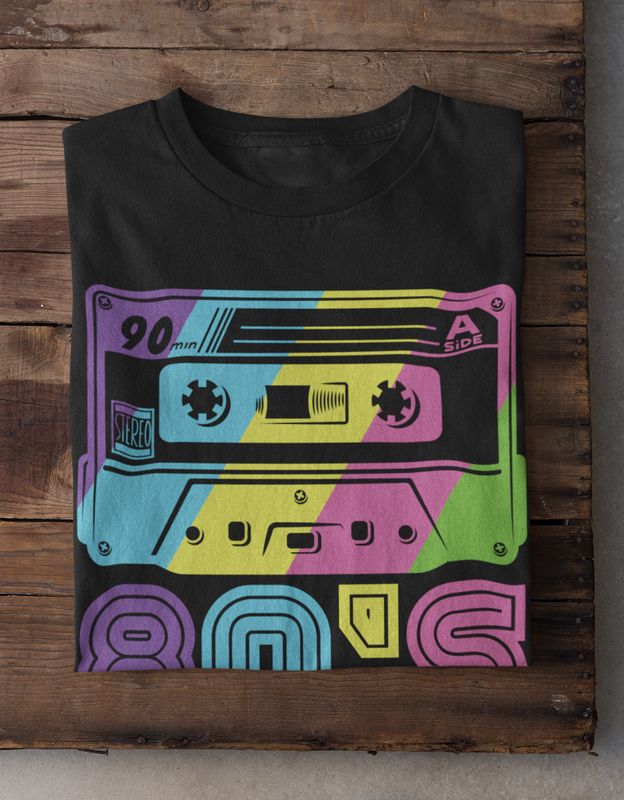 80s Retro Cassette Iron-On Transfer - Rainbow Neon Vibes graphic design.
