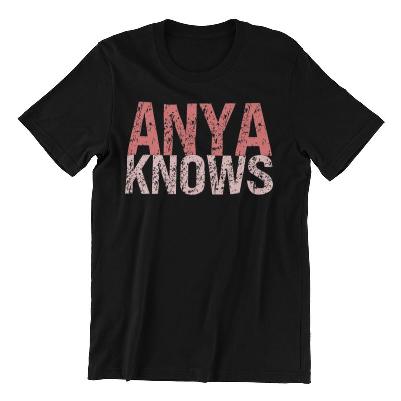 ANYA Knows Distressed Text T-Shirt in black with pink gradient design and distressed texture.