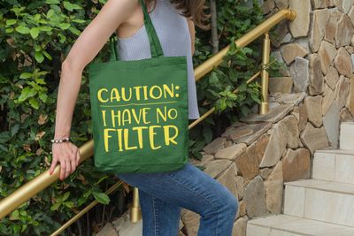 Funny Canvas Tote Bag, Green with Yellow Caution I Have No Filter Text