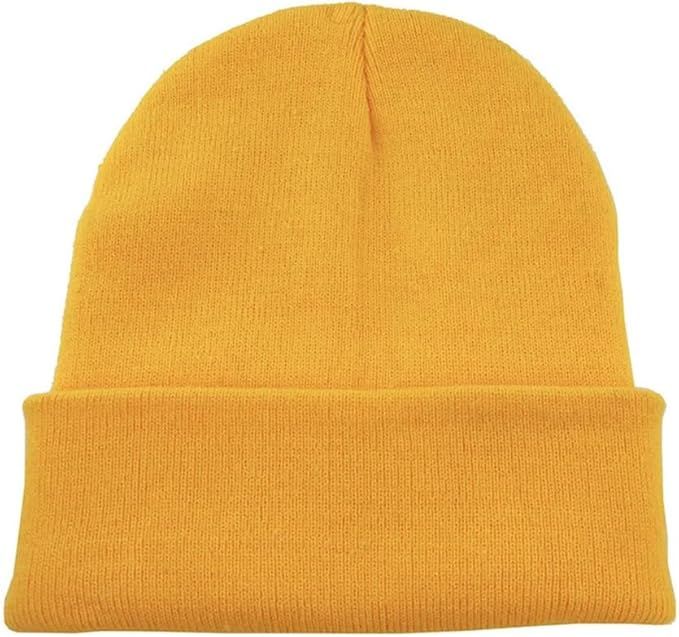 Cheerful Yellow Cartoon Beanie, ribbed knit hat, brand [Brand Name], bright sunny color.