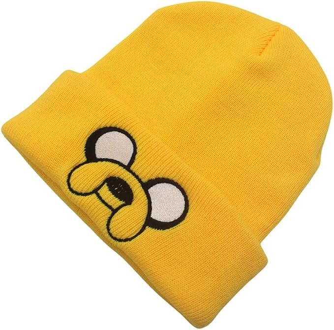 Cheerful Yellow Cartoon Beanie with white and black ribbed knit fabric details.