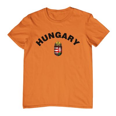Hungarian Coat of arms Design Kid's Shirt with orange HUNGARY text print medium size.