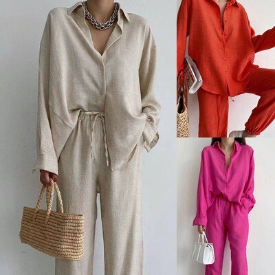 Three jumpsuits in beige, red, and magenta with accessories