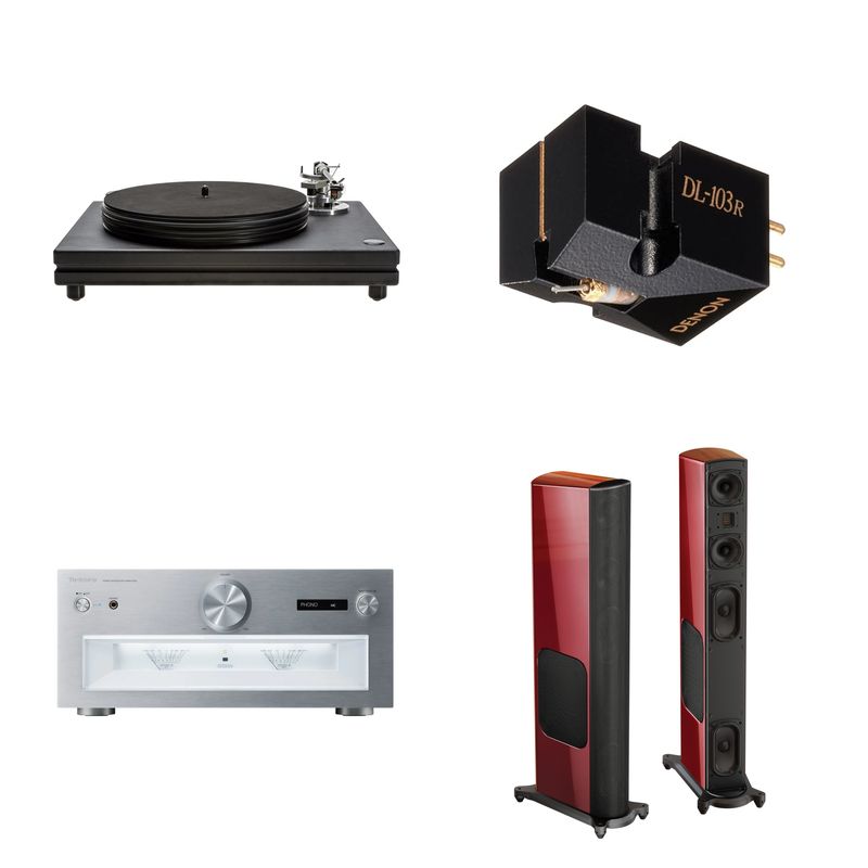 Bundle: Nottingham Interspace Jr. Turntable, Denon 103-R Phono Cart, Technics Stereo Integrated Amplifier SU-R1000, GoldenEar T66 Tower Speaker with Powered Bass