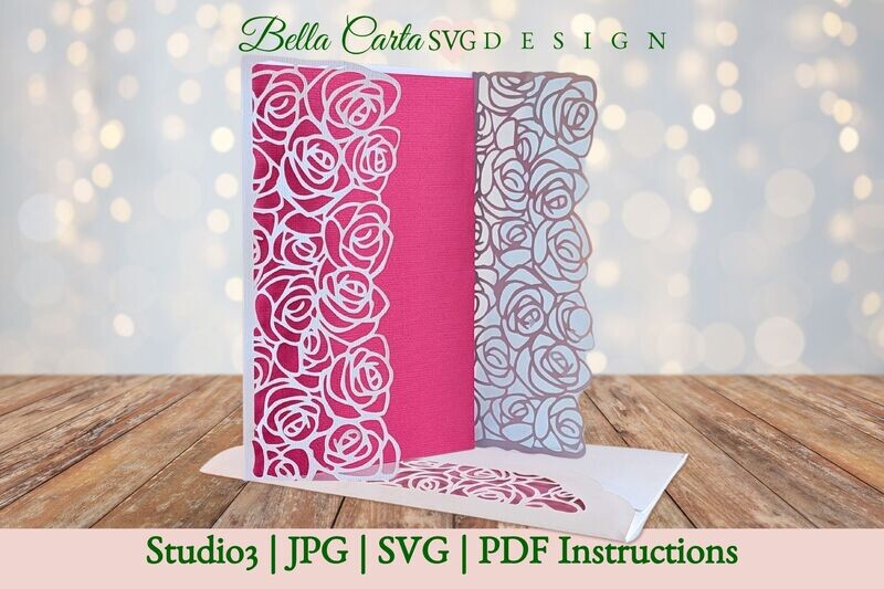Wedding card in magenta that looks like roses intricately woven into delicate lace with this 3D SVG template from Bella Carta Design.