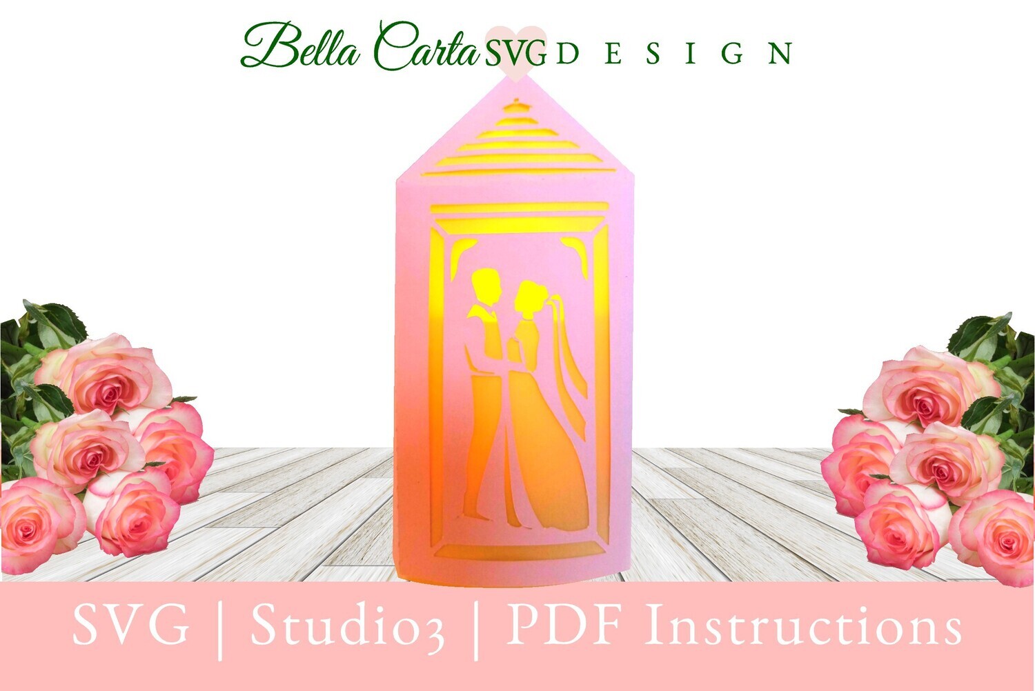Create a unique wedding themed Lantern using this 3D SVG template and a Cricut, Silhouette or other cutting machine. This beautiful hand-made paper lantern features a Bride and Groom cutout and fits over a standard US LED pillar candle.