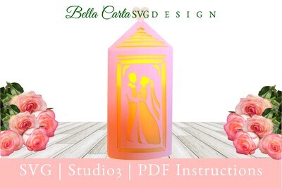 Create a unique wedding themed Lantern using this 3D SVG template and a Cricut, Silhouette or other cutting machine.  This beautiful hand-made paper lantern features a Bride and Groom cutout and fits over a standard US LED pillar candle.