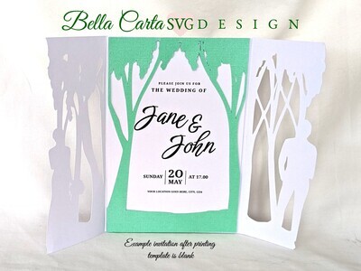 Create a rustic Forest Wedding Invitation, RSVP card, printable insert and custom envelopes with this  Cricut and Silhouette Cutting Machines.  This handmade gatefold card measures 5 by 7-inches and depicts a wedding bride and groom in an enchanted forest surrounded by a cathedral of trees.  