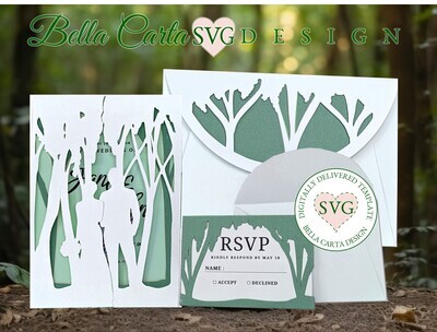 Create a rustic Forest Wedding Invitation, RSVP card, printable insert and custom envelopes with this  Cricut and Silhouette Cutting Machines.  This handmade gatefold card measures 5 by 7-inches and depicts a wedding bride and groom in an enchanted forest surrounded by a cathedral of trees.  