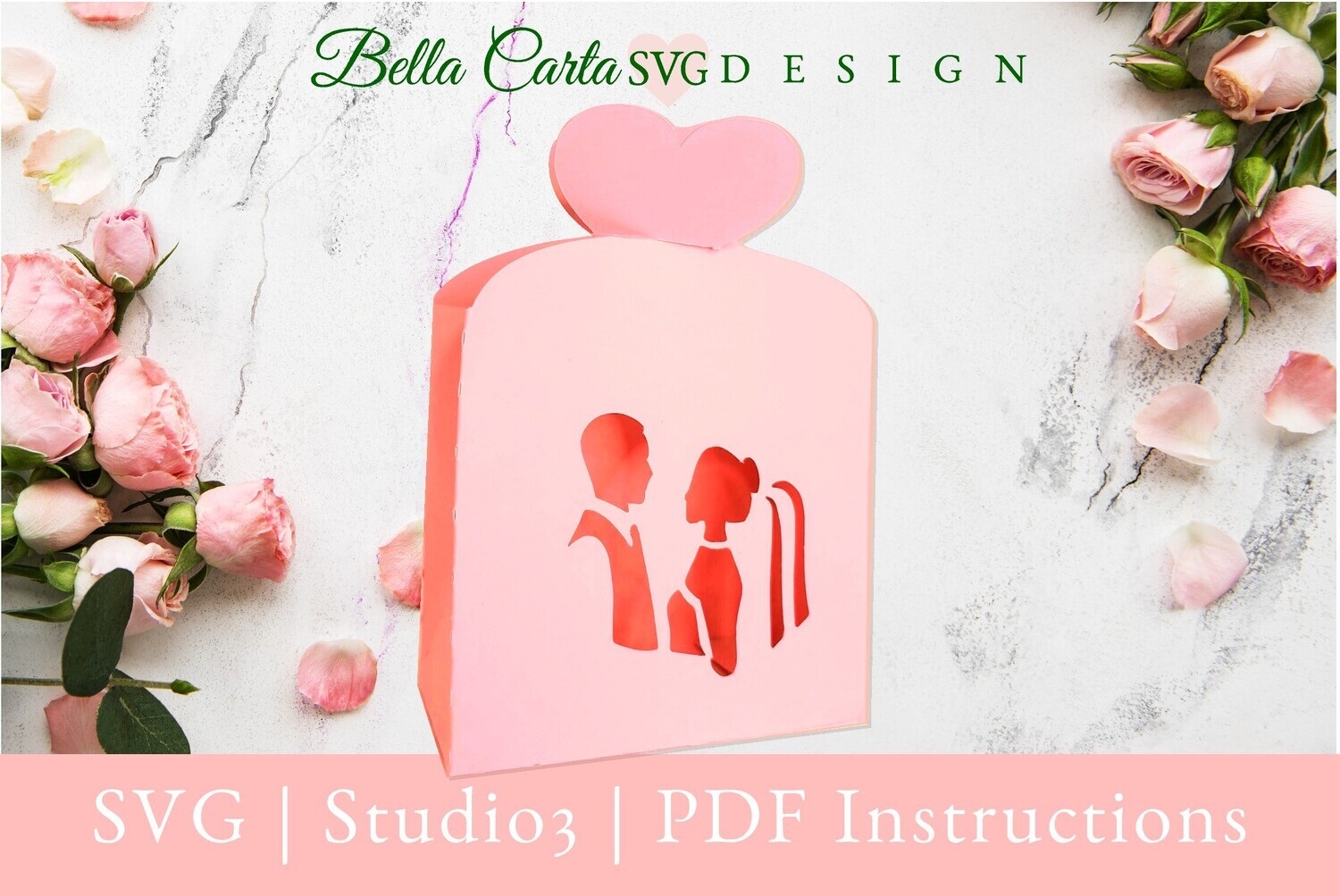DIY wedding favor box made with a 3D SVG template and a Cricut, Silhouette or other cutting machine. The favor box features the cutout silhouette of bride and groom and measures 4 X 3 X 2.  It can hold several pieces of candy or other wedding favors for guests. Two hearts at the top of the bag fit together as a closure.