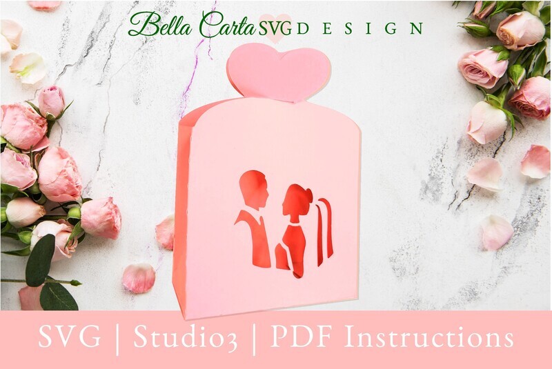 DIY wedding favor box made with a 3D SVG template and a Cricut, Silhouette or other cutting machine. The favor box features the cutout silhouette of bride and groom and measures 4 X 3 X 2.  It can hold several pieces of candy or other wedding favors for guests. Two hearts at the top of the bag fit together as a closure.
