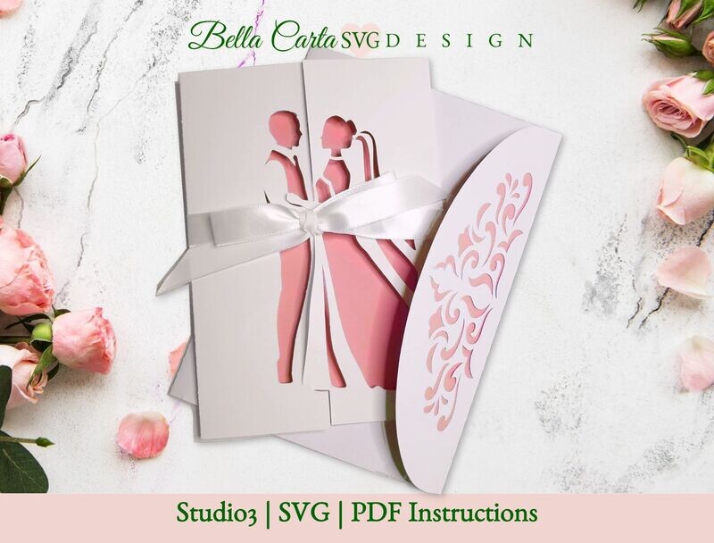 Finished wedding card in pink and white paper made with a 3D SVG template for a wedding card featuring a Bride and Groom on different sides of the card that come together in an embrace when the card is closed.