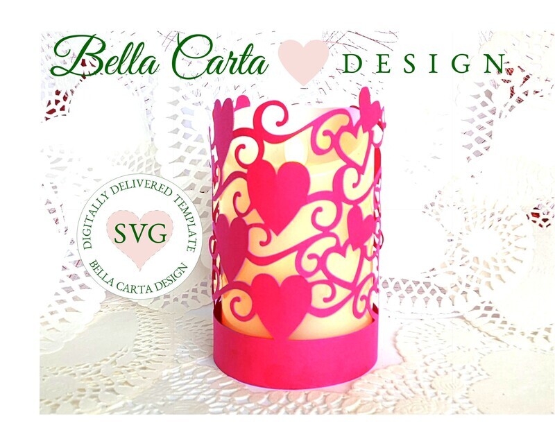 Valentine paper sleeve lantern for an LED candle decorated with scrolls and hearts in pink made with a 3D SVG template from Bella Carta Design. 