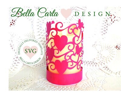 Valentine paper sleeve lantern for an LED candle decorated with scrolls and hearts in pink made with a 3D SVG template from Bella Carta Design. 