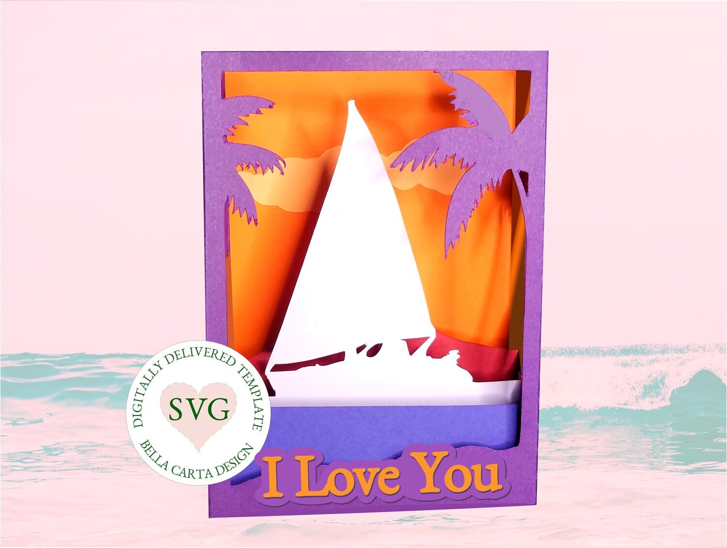 A unique 3D shadow box card SVG template for Cricut and cutting machines depicting a tropical sunset sail.