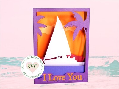 A unique 3D shadow box card SVG template for Cricut and cutting machines depicting a tropical sunset sail.