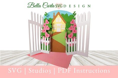 Finished Cricut 3D SVG Card project depicting a Garden with two Pop-Up elements that open into a secret garden with a charming cottage.  A message inside reads “Happy Mother’s Day”.