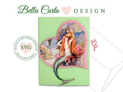 DIY Layered card that features a mermaid combing her beautiful red hair in a heart-shaped undersea picture, framed by a sea-green background.  