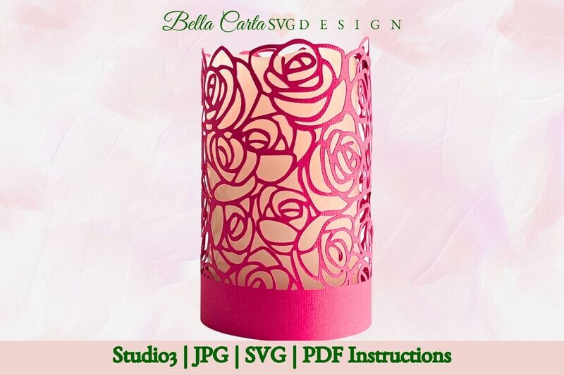 LED pillar candle lantern that looks like roses intricately woven into delicate lace with this 3D SVG template from Bella Carta Design.