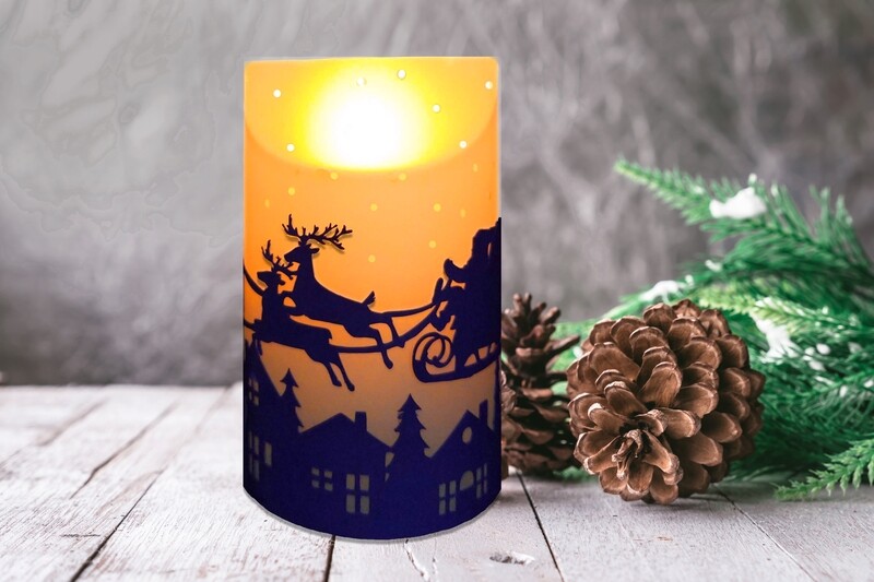  holiday LED lantern of Santa soaring above a Snowy Village made with a 3D SVG template.