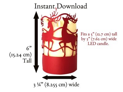 Intricately cut Paper lantern for LED pillar candle depicting prancing reindeer in red made with a 3D SVG from Bella Carta Design and a Cricut.