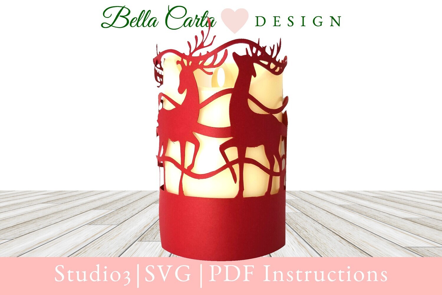 Intricately cut Paper lantern for LED pillar candle depicting prancing reindeer in red made with a 3D SVG from Bella Carta Design and a Cricut..