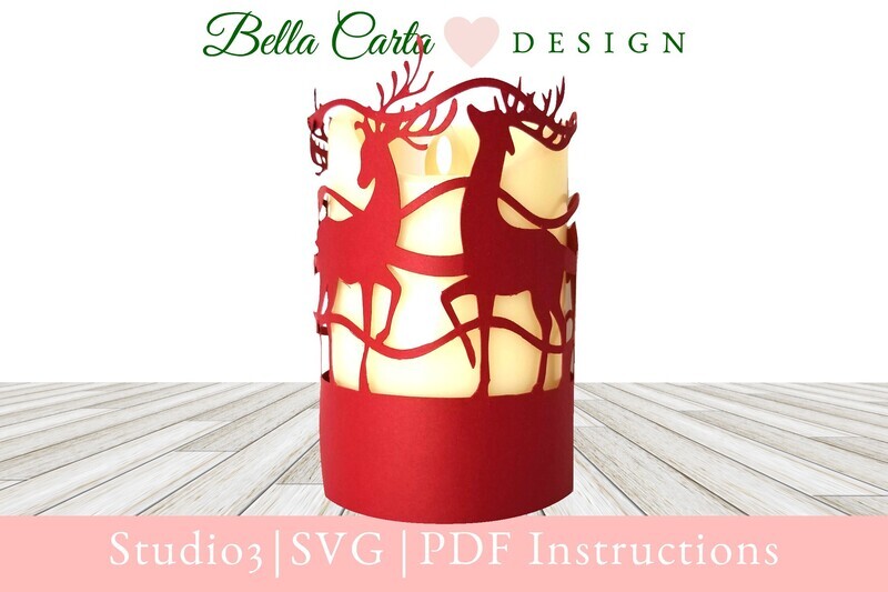 Intricately cut Paper lantern for LED pillar candle depicting prancing reindeer in red made with a 3D SVG from Bella Carta Design and a Cricut..