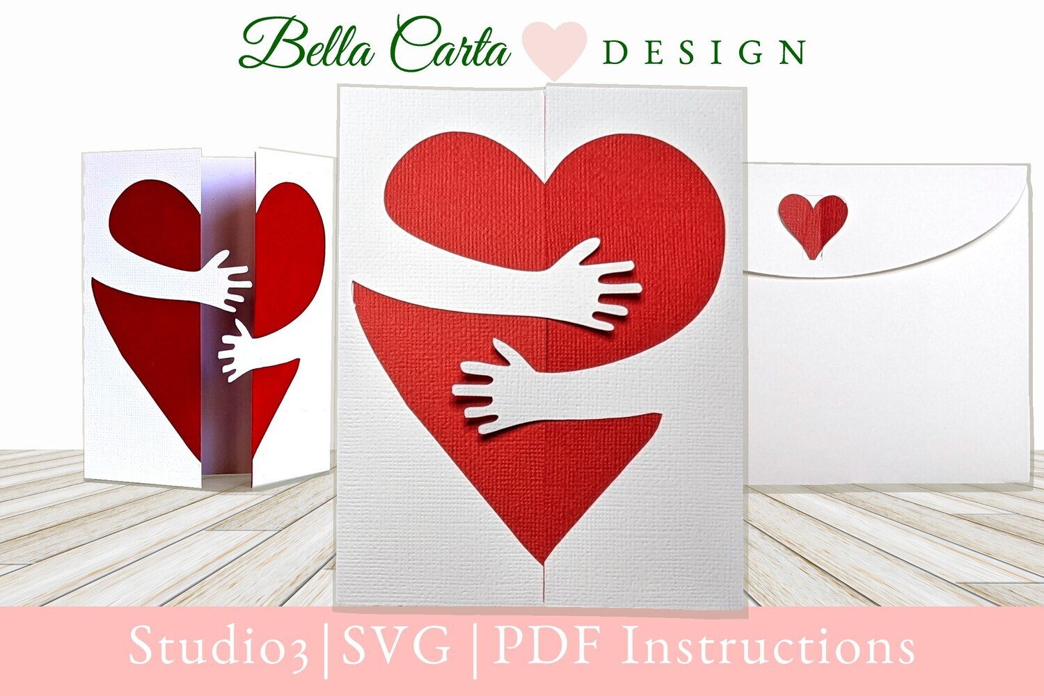 Red and White gate fold card that shows a heart being hugged by hands folded over it.  Made with a 3D SVG file and a Cricut.