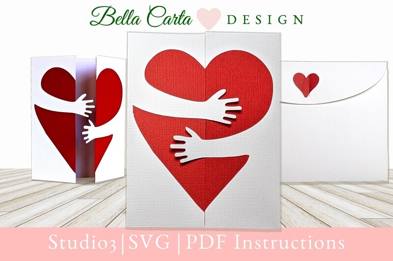 Red and White gate fold card that shows a heart being hugged by hands folded over it.  Made with a 3D SVG file and a Cricut.