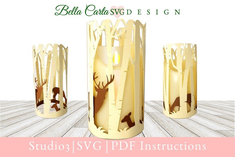 LED pillar candle sleeve-style lantern featuring a Birch Forest and a family of Deer peeking through the woods. 