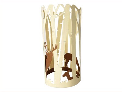 LED pillar candle sleeve-style lantern featuring a Birch Forest and a family of Deer peeking through the woods. 
