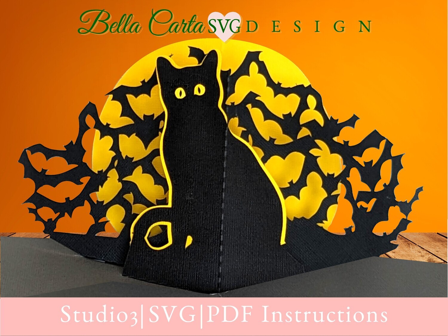 3D SVG Halloween pop-up card with this template for Cricut and Silhouette! The front of the card shows a black cat watching a few bats fly across the full moon. 