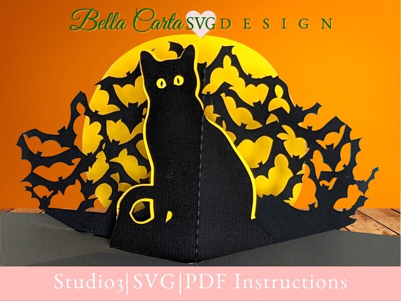 3D SVG Halloween pop-up card with this template for Cricut and Silhouette! The front of the card shows a black cat watching a few bats fly across the full moon. 