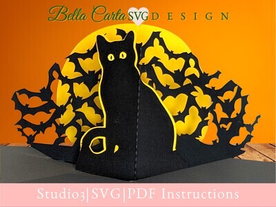 3D SVG Halloween pop-up card with this template for Cricut and Silhouette! The front of the card shows a black cat watching a few bats fly across the full moon. 