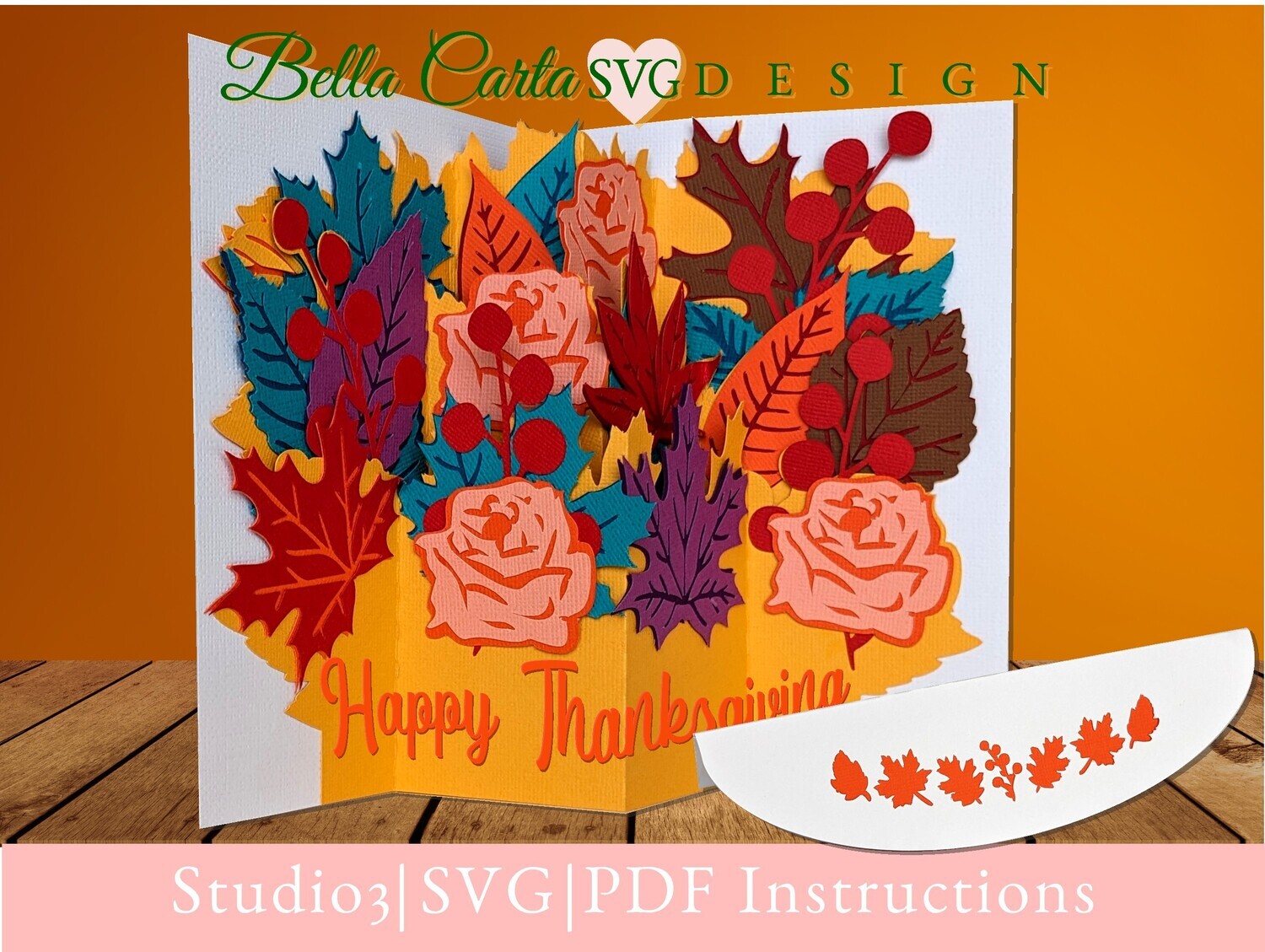 Stunning pop-up card with a bouquet of Fall leaves and flowers for a birthday, thank you, wedding, or Thanksgiving.