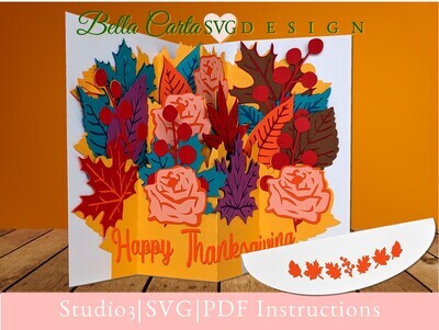 Stunning pop-up card with a bouquet of Fall leaves and flowers for a birthday, thank you, wedding, or Thanksgiving.