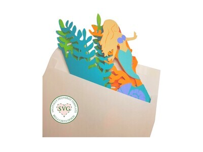 Mermaid 3D Card SVG Template by Bella Carta Design depicts a mermaid among seaweed, coral and other sealife.  This is a template for use with cardstock on Cricut, Silhouette Cameo and other cutting machines.