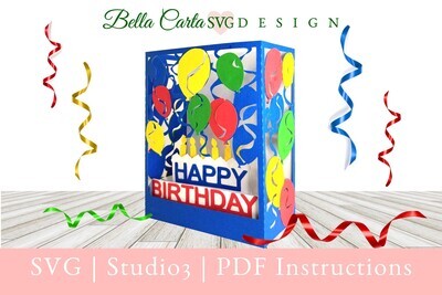 The balloons shadowbox SVG template is a colorful way for Cricut and Silhouette crafters to say HAPPY BIRTHDAY.  It features many colored balloons in a 3D shadowbox surrounding a birthday cake with candles.  It is by Bella Carta Design.