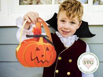 Halloween basket that looks like an orange Jack O'Lantern made with a 3D SVG.