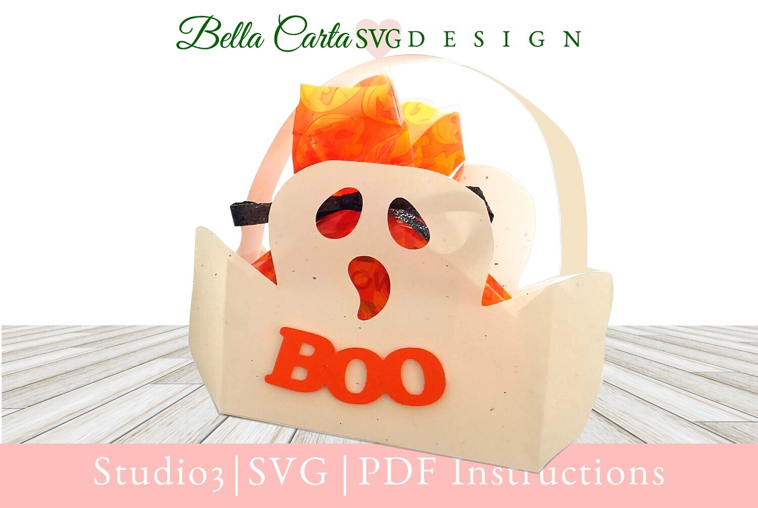 Halloween treat basket in the shape of a spooky white ghost made with a 3D SVG file from Bella Carta Design and a Cricut.