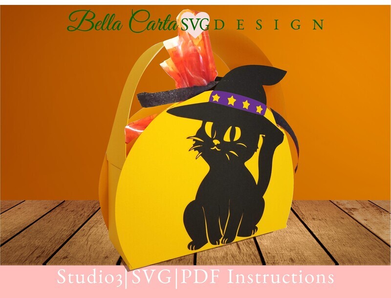 Halloween treat basket with an adorable black cat wearing a witches hat.  Made with a 3D SVG file for Cricut from Bella Carta Design.