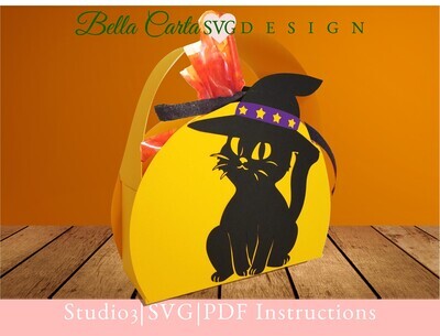 Halloween treat basket with an adorable black cat wearing a witches hat.  Made with a 3D SVG file for Cricut from Bella Carta Design.