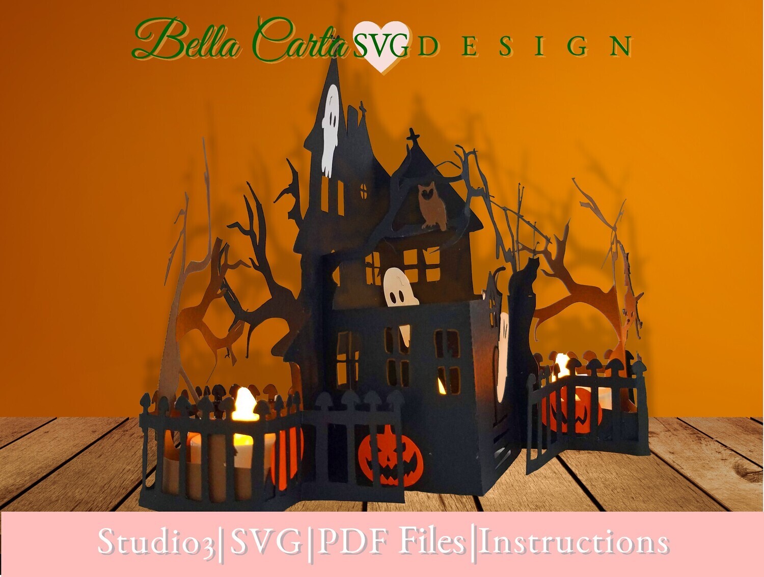 3D Halloween Haunted House decoration or greeting card SVG template.  The design features eerie ghosts, scary jack o’lanterns, spooky trees, a witch on a broom, an owl, and black cat