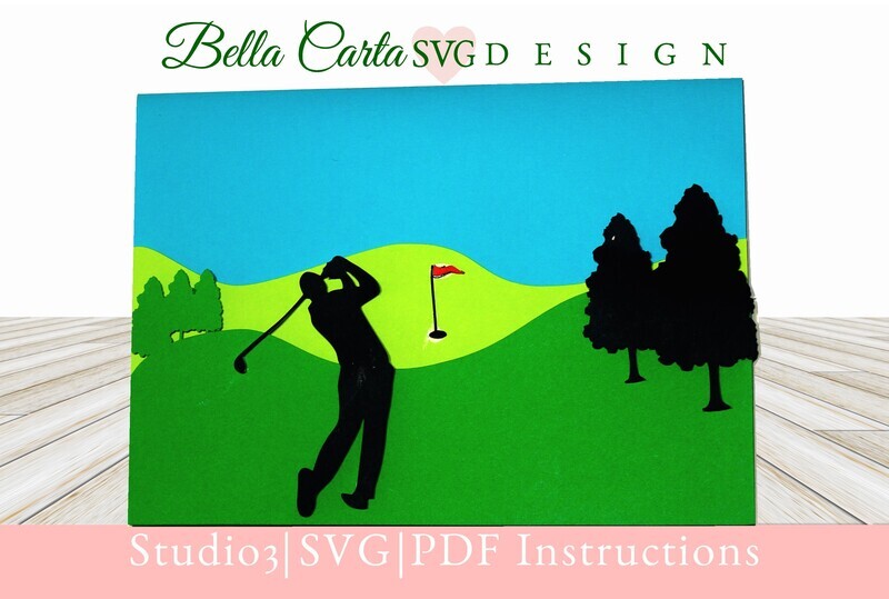 Birthday card featuring a golfer on the course with layers of colored paper made with a 3D SVG from Bella Carta Design and a Cricut.