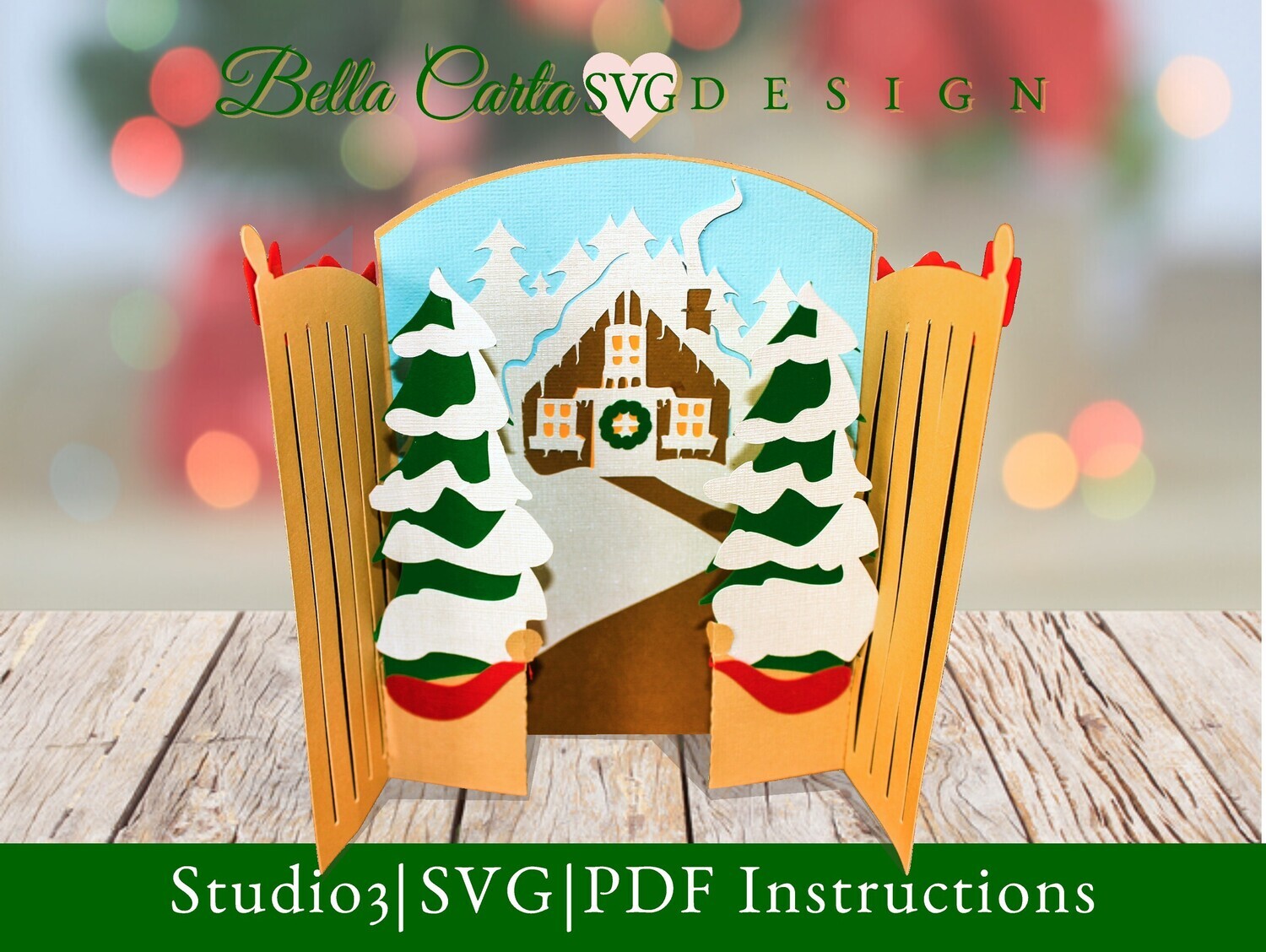 Christmas Card 3D SVG template for Cricut and Silhouette depicting gates that open to reveal a snow-covered cottage nestled in a winter forest.