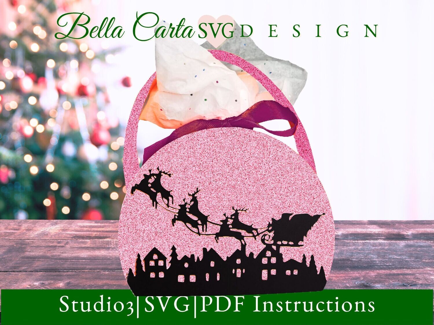 Holiday gift basket of Santa soaring above a Snowy Village made with a 3D SVG template. 