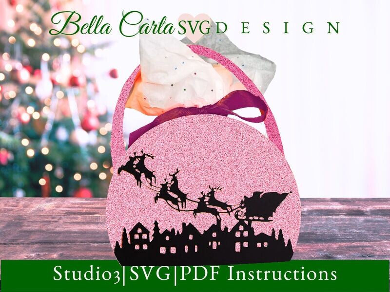 Holiday gift basket of Santa soaring above a Snowy Village made with a 3D SVG template. 