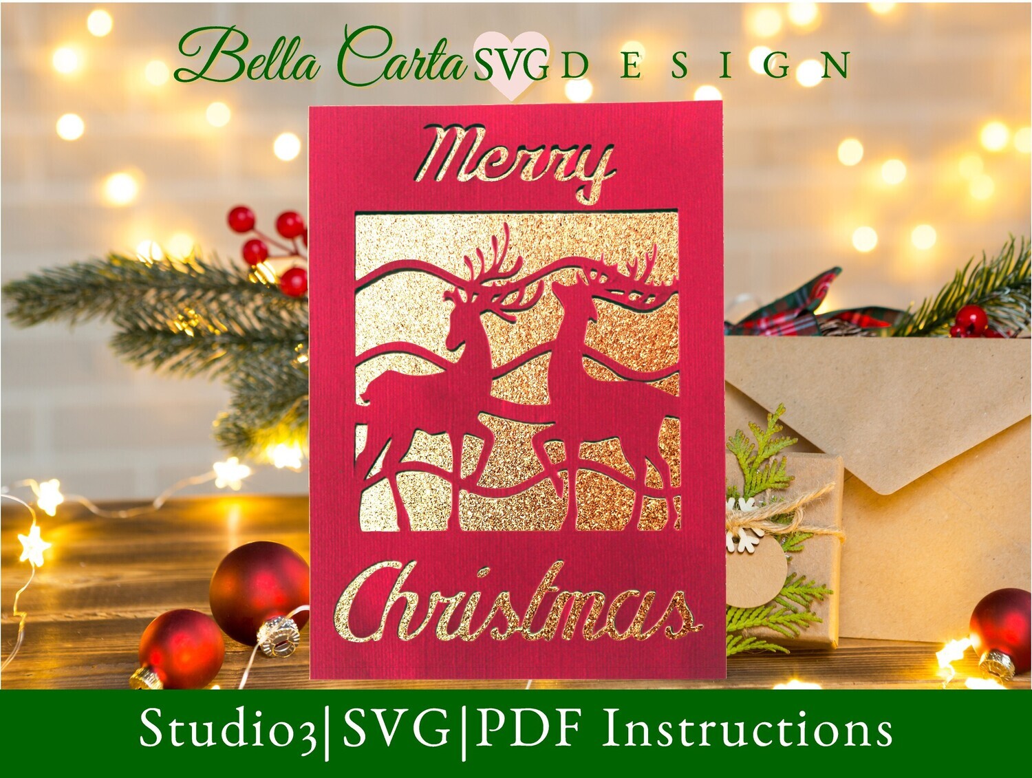 Create a Christmas Card with elegant reindeer using this SVG template. 