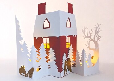 The back view of a 3-dimensional card depicting an old-fashioned farmhouse with people coming to a Christmas party